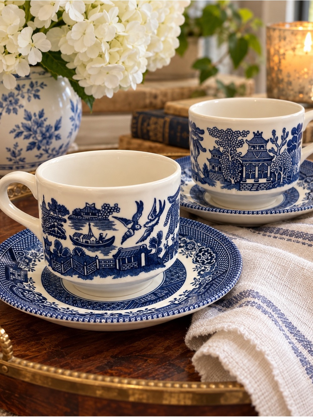 2 Vintage Churchill England Blue Willow Cup & Saucer Sets β 4 Pieces